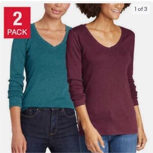 Eddie Bauer ladies long sleeve v neck tee 2pack Teal and Berry